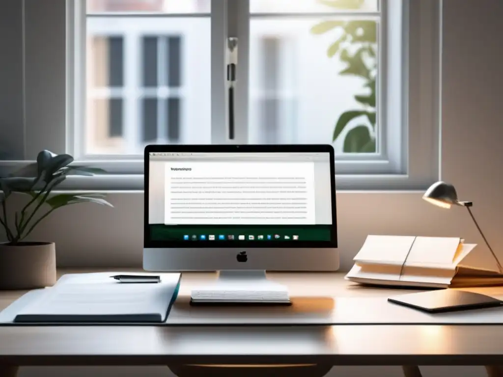 Espacio de trabajo organizado y minimalista Consejos ensayo universitario: Espacio de trabajo minimalista y organizado con una escritura clara y estructurada