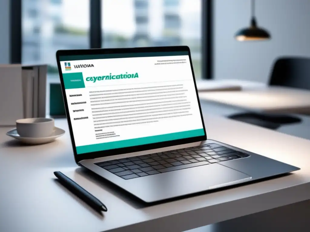 Laptop moderno y CV impactante Consejos para redacción de ensayo universitario: Imagen de portátil moderno en escritorio blanco, documento elegante y bien organizado