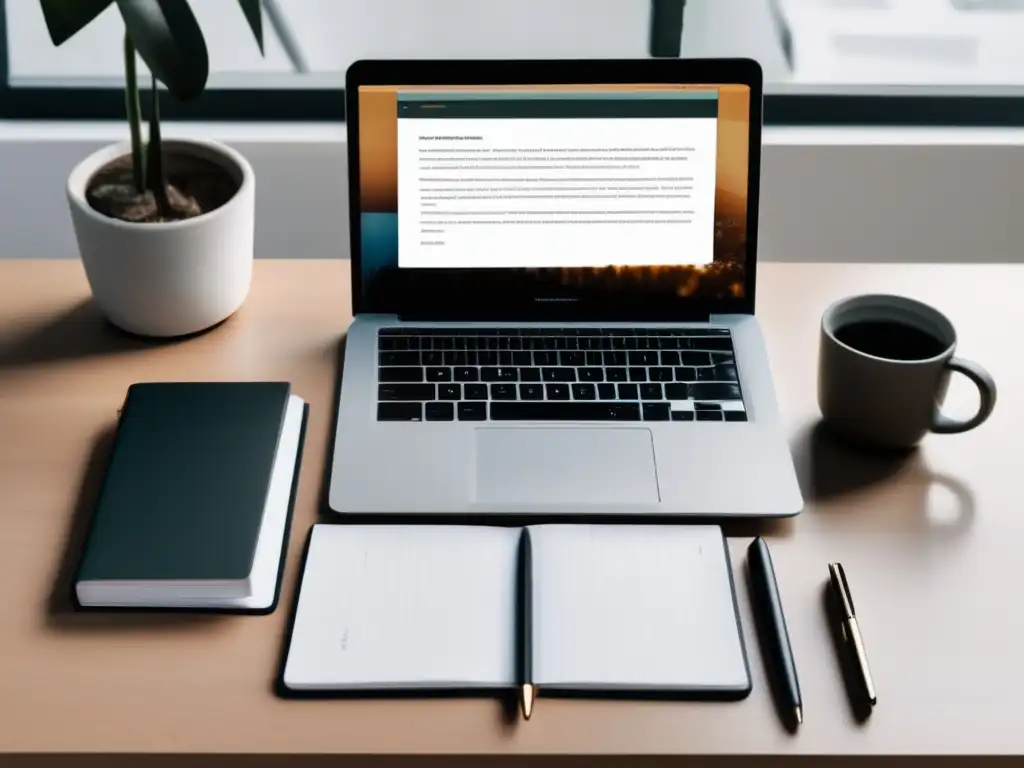 Escritorio moderno con laptop, notas y pluma Consejos para ensayos universitarios con un escritorio profesional y organizado