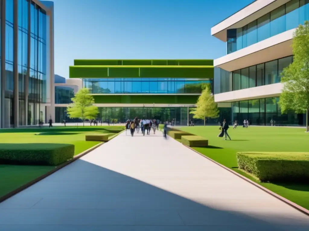 Campus universitario moderno y vibrante Consejos entrevista universitaria exitosa: Campus moderno con estudiantes, naturaleza y arquitectura contemporánea