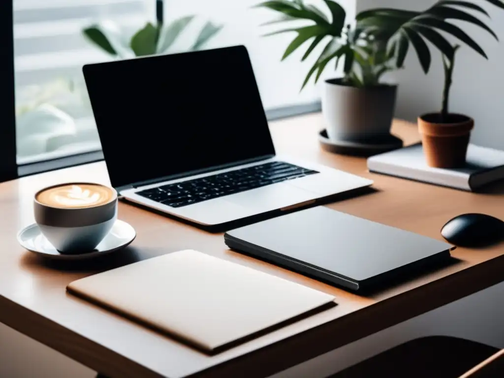 Escritorio minimalista para aliviar el estrés Consejos para aliviar estrés preuniversitario: escritorio minimalista con laptop, libros ordenados, café y planta