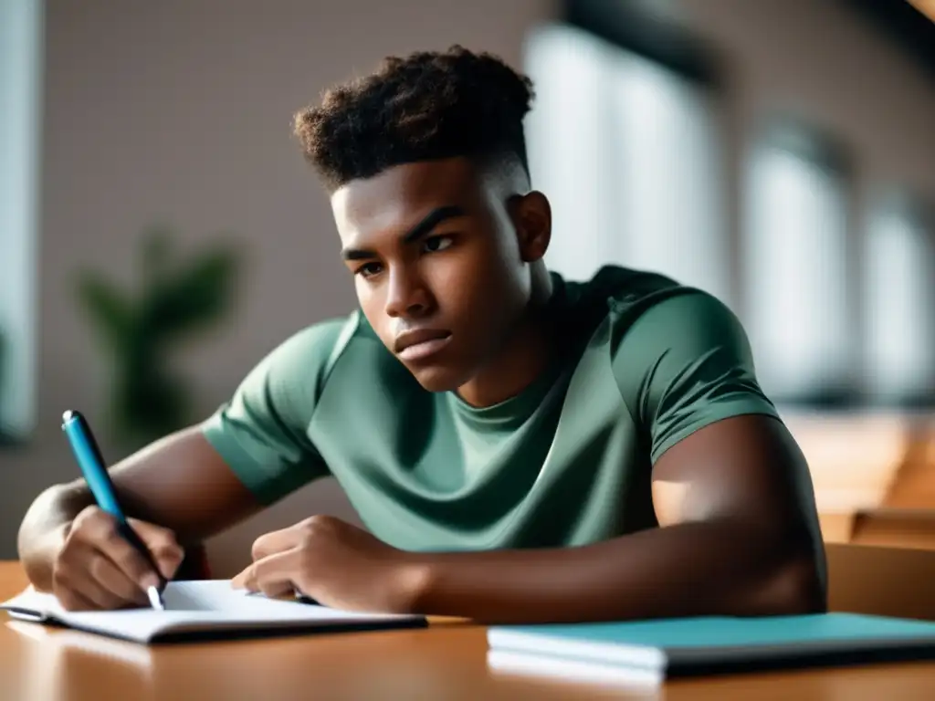 Estudiante atleta concentrado Consejos: Estudiante concentrado escribiendo ensayo de admisión universitaria