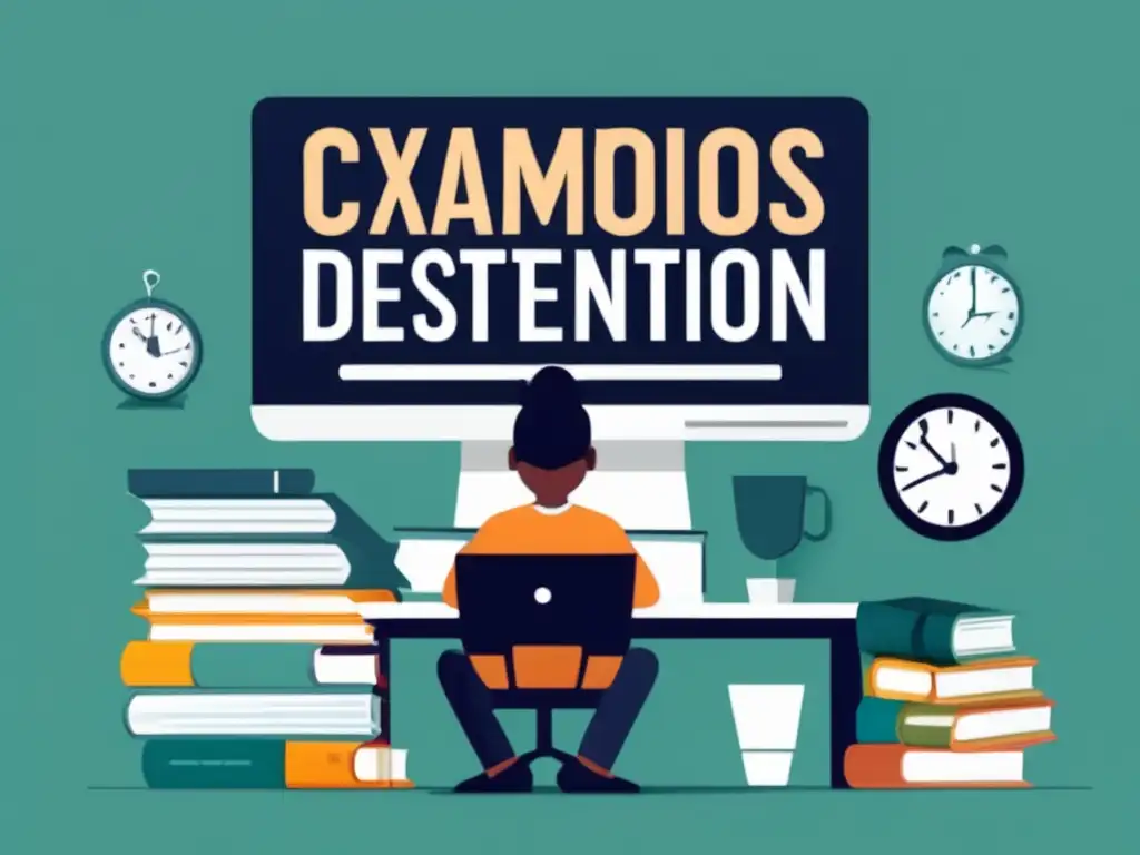 Persona concentrada en examen digital Consejos examen admisión: persona concentrada en escritorio, rodeada de reloj digital, libros y pantalla de examen online