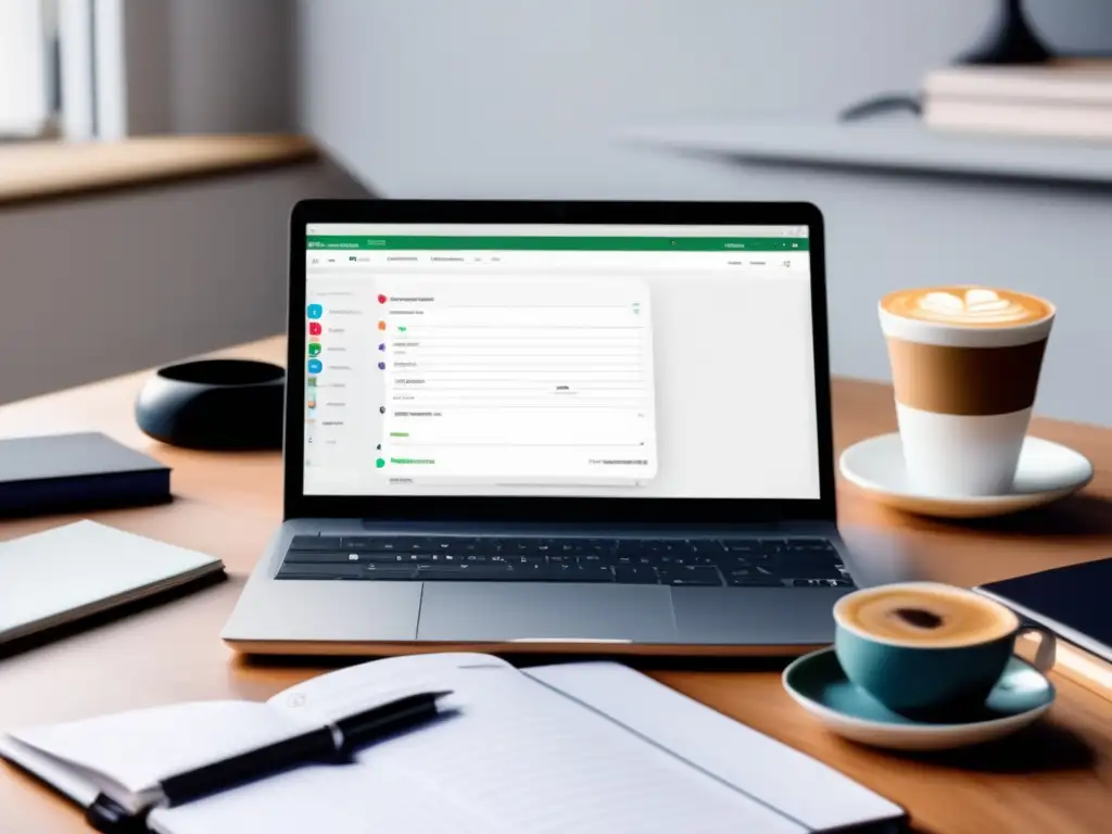 Escritorio moderno con laptop, cuaderno y café Consejos para destacar en examen admisión: escritorio minimalista con laptop, cuaderno y café, transmitiendo profesionalismo y preparación