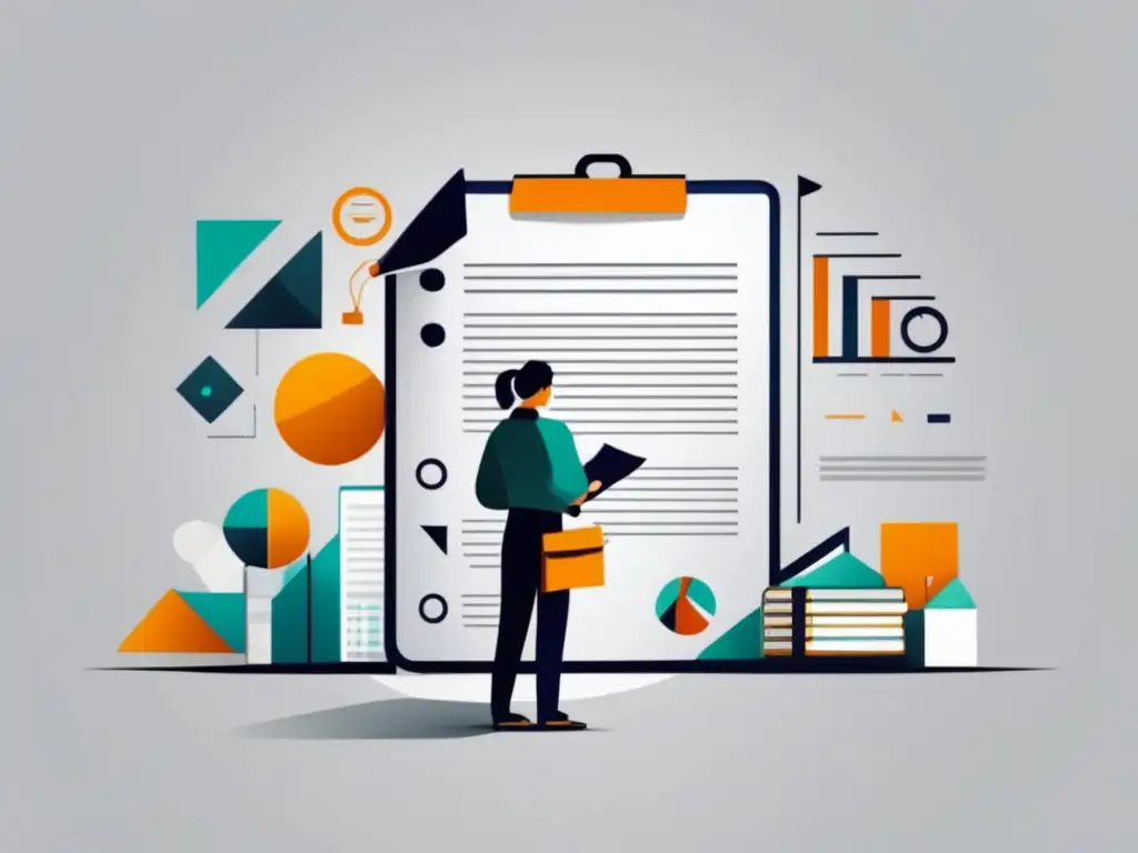 Analista investigando instituciones Consejos para ferias de postgrado: persona investigando y analizando instituciones representadas por formas geométricas, estilo minimalista