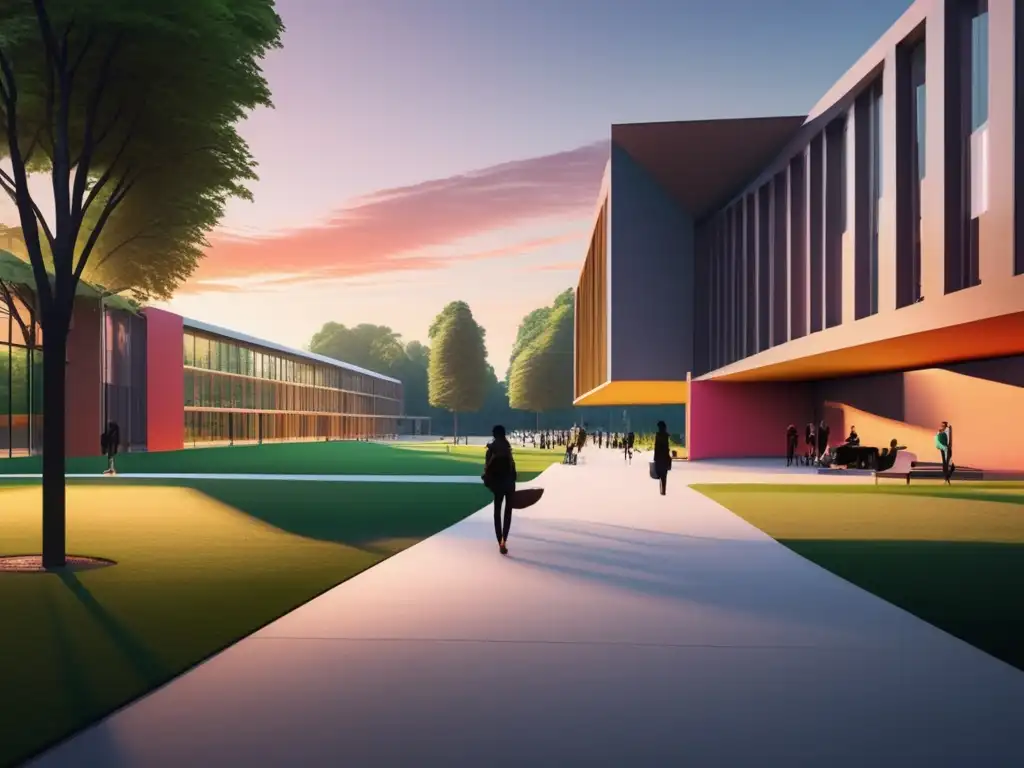 Campus universitario moderno al atardecer Consejos para elegir la mejor universidad: Campus universitario moderno y minimalista al atardecer, rodeado de exuberante vegetación y edificios contemporáneos