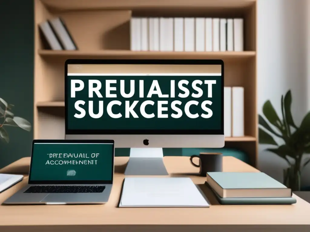 Espacio de trabajo minimalista con escritorio de madera clara Consejos para mentalidad preuniversitaria exitosa en un espacio de trabajo minimalista con escritorio de madera clara, laptop, libros y motivación