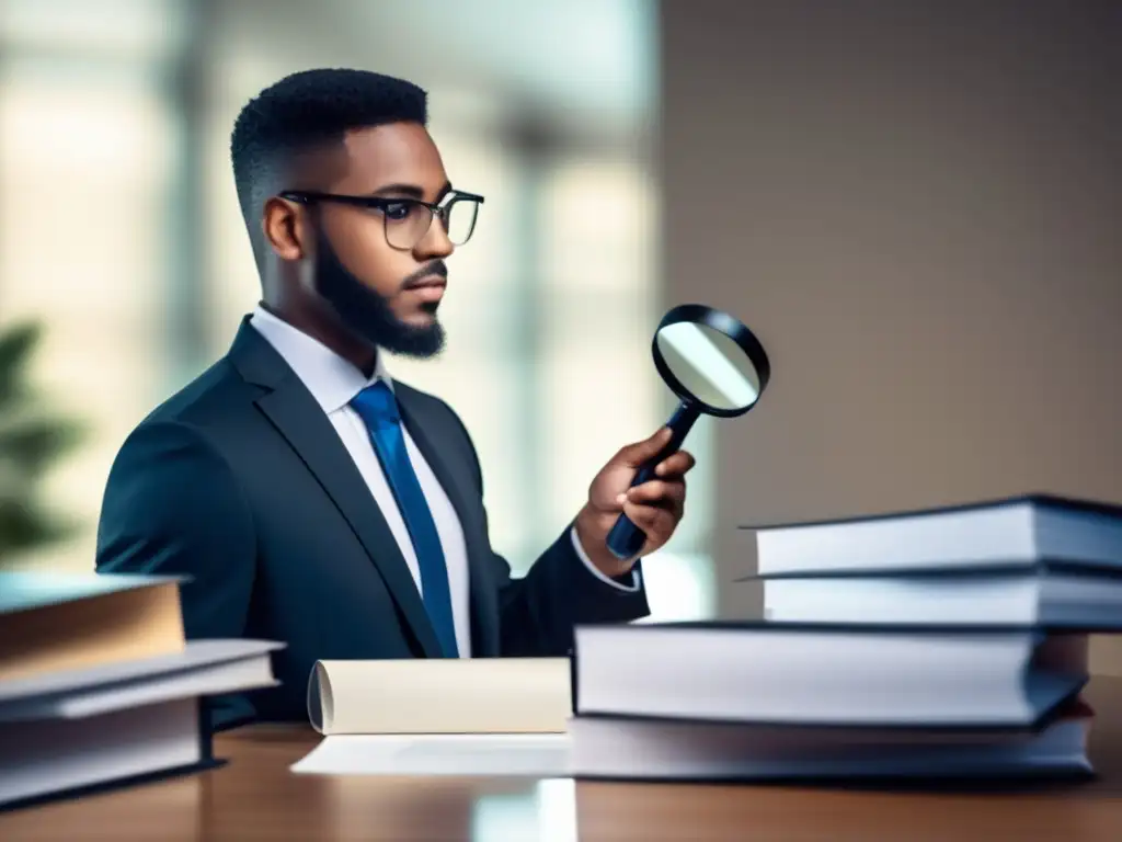 Maximizando oportunidades de becas y ayuda financiera Consejos de mentoría para admisiones universitarias: persona con lupa sobre documentos de becas, elegante y moderna