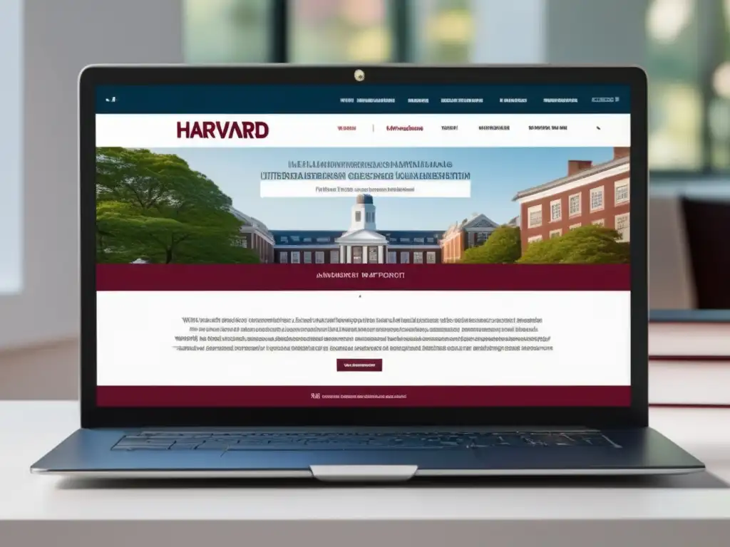 Laptop universidad Harvard Consejos para aplicar a Harvard: Laptop moderno en escritorio blanco, mostrando portal de admisiones y proceso de solicitud