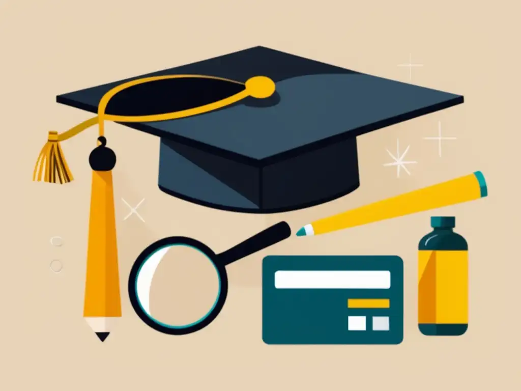 Opciones de préstamos estudiantiles Consejos préstamos estudiantiles sin aval - Ilustración elegante con gorro de graduación, lupa, calculadora y tarjeta de crédito
