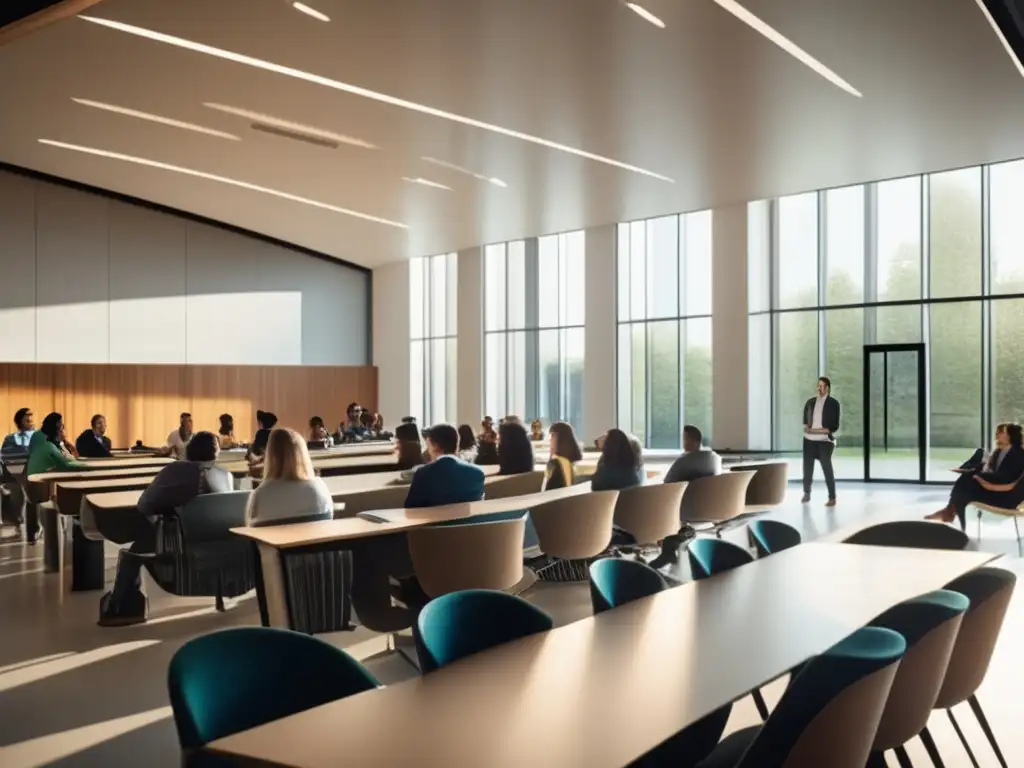 Aula universitaria con estudiantes y profesores en discusiones académicas Consejos: Relaciónate con profesores y compañeros en un entorno académico colaborativo y acogedor