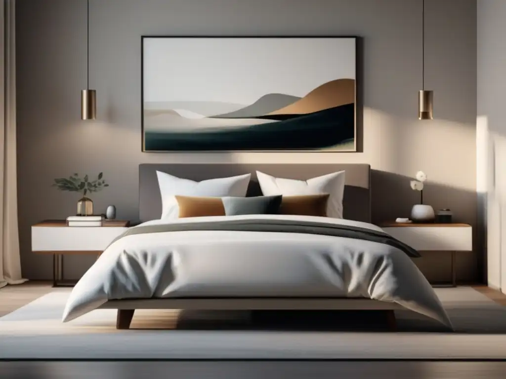Habitación minimalista y serena Consejos para pruebas de admisión postgrados: dormitorio sereno y minimalista con cama moderna, arte abstracto y rincón de lectura acogedor