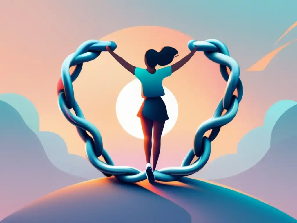 Liberación y flexibilidad: Rompiendo cadenas Consejos para rituales preexamen: Ilustración minimalista de una persona rompiendo cadenas rutinarias, simbolizando liberación y flexibilidad