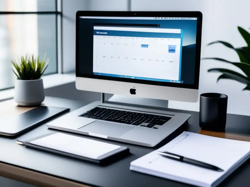 Escritorio minimalista para una gestión eficiente del tiempo Consejos para gestionar tiempo universidad: escritorio minimalista con laptop, cuaderno y app de gestión del tiempo