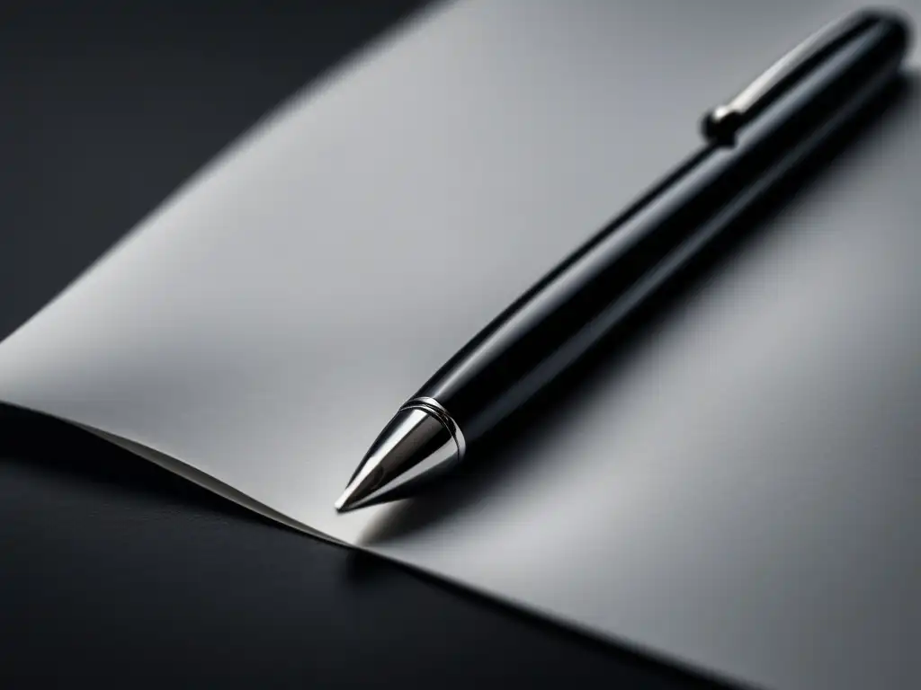 Elegante pluma sobre papel en blanco Consejos: Ensayo admisión universitaria, pen y papel minimalista y elegante, luz suave y equilibrio compositivo