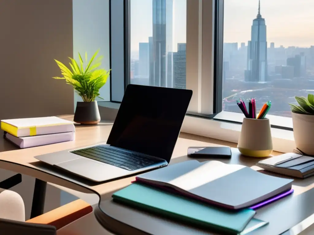 Escritorio moderno y organizado con vista a la ciudad Consejos para equilibrar vida social y preparación universitaria