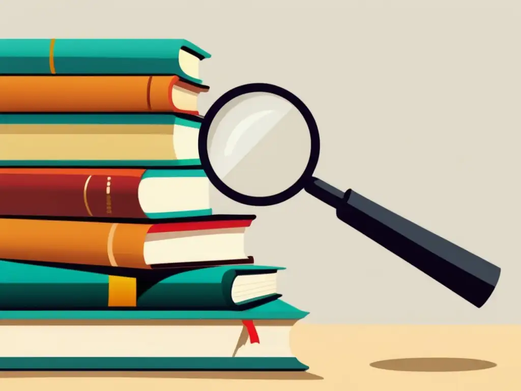 Libros y lupa para autoreflexión Autoevaluación constructiva universitaria: libros ordenados con lupa