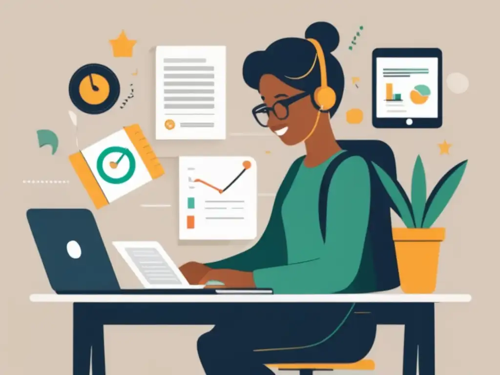 Estudiante evaluándose y mejorando Autoevaluación constructiva universitaria: persona estudiando en escritorio limpio y organizado con laptop y libros