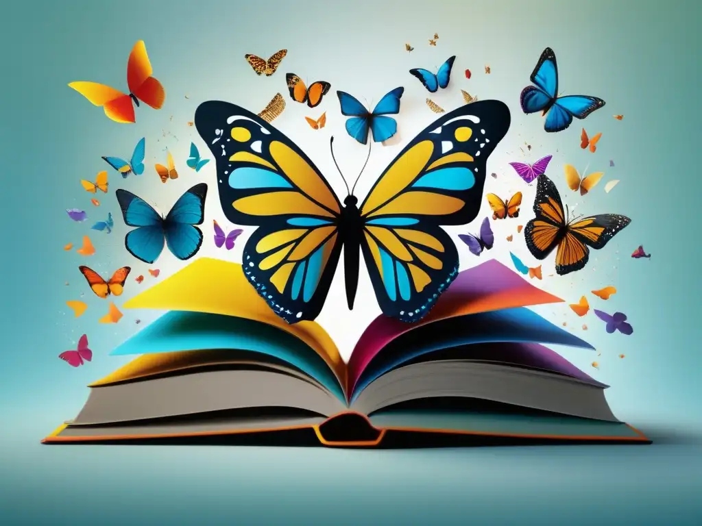 Libera tus creencias limitantes en la universidad Creencias limitantes en admisión universitaria: libro abierto con mariposas coloridas rompiéndolas