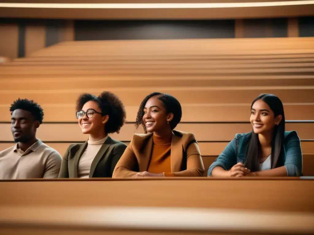 Estudiantes universitarios diversos en aula Cuotas raciales y étnicas en universidad: Estudiantes diversos en aula, unidos en conversación y entusiasmo
