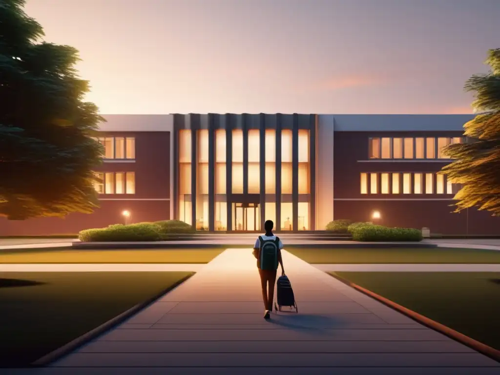 Universidad al atardecer: estudiante curioso Preparación y curiosidad: estudiante universitario camina hacia la entrada de un campus iluminado, rodeado de naturaleza