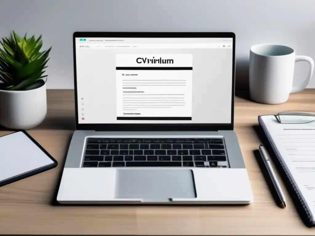 Laptop y CV moderno en escritorio limpio Cómo mantener currículum actualizado - Imagen moderna de un elegante laptop blanco sobre un escritorio de madera limpia