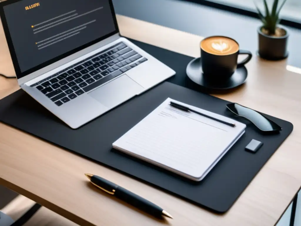 Escritorio organizado con laptop y cuaderno Organización del currículum: escritorio moderno con laptop, cuaderno y bolígrafo, transmitiendo profesionalismo y eficacia