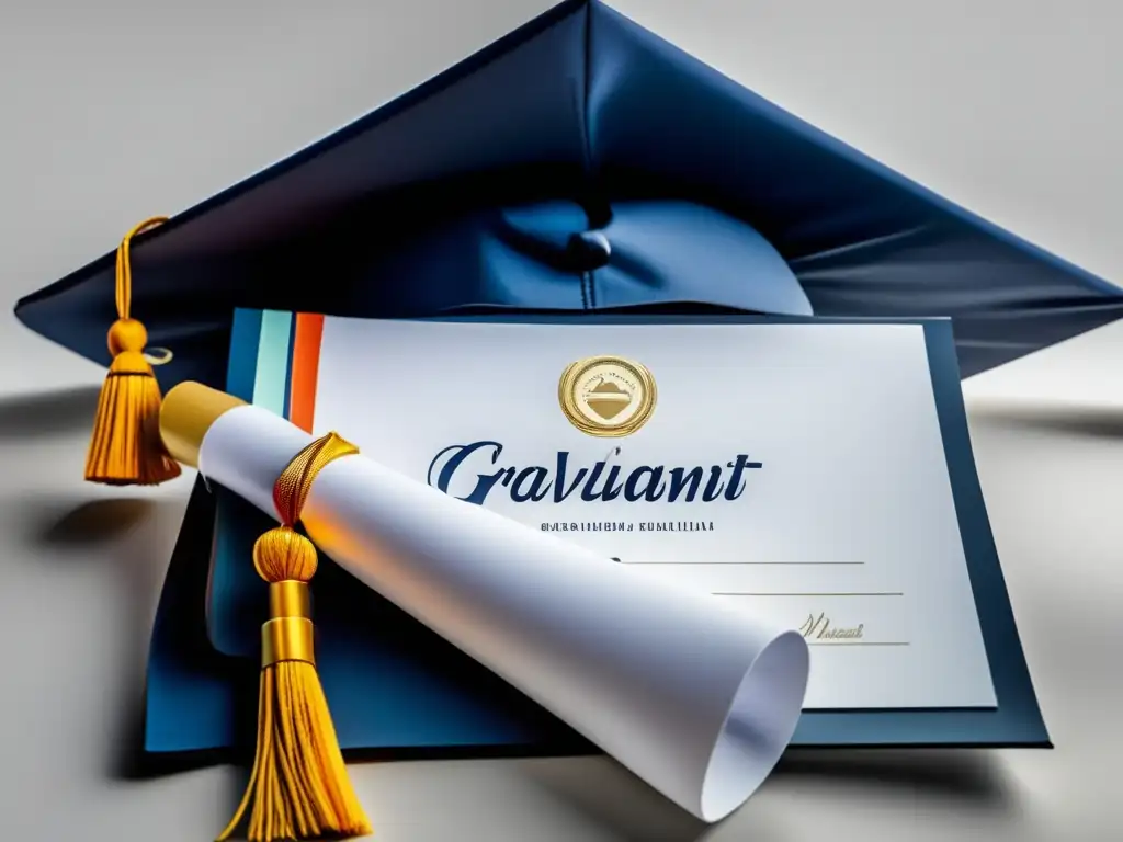 Graduación universitaria elegante Diseño currículum universitario impactante: Graduación minimalista con birrete y diploma en fondo blanco