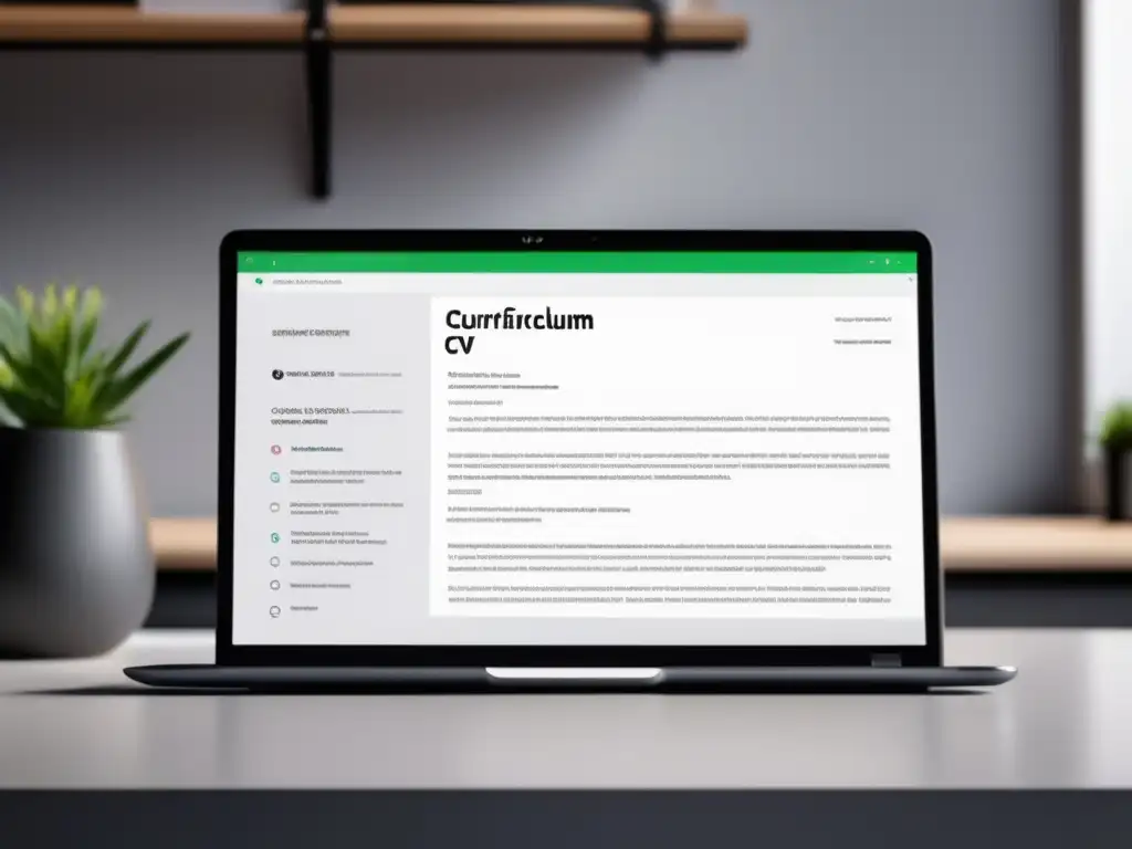 Laptop con CV profesional Cómo mejorar tu currículum universitario - Laptop moderna con CV en pantalla, en un escritorio minimalista y bien iluminado