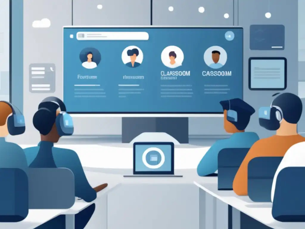 Aula virtual moderna con pantalla y VR Mejorar admisión cursos online en moderno aula virtual