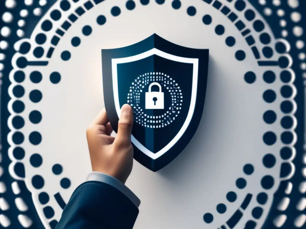 Protección de datos en la universidad Protección de datos en universidades: mano de estudiante sostiene escudo digital con símbolo de bloqueo binario