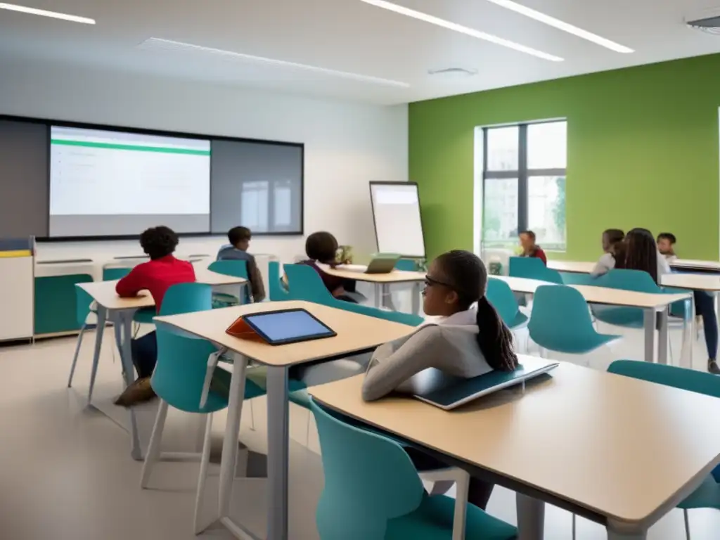 Aula moderna con estudiantes utilizando tecnología avanzada Desafíos de la brecha digital en la educación universitaria