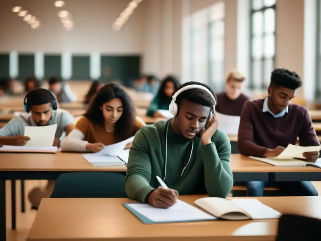 Estudiantes competidores en examen de admisión Desafíos en admisión universitaria: escena competitiva de estudiantes diversos y determinados en examen