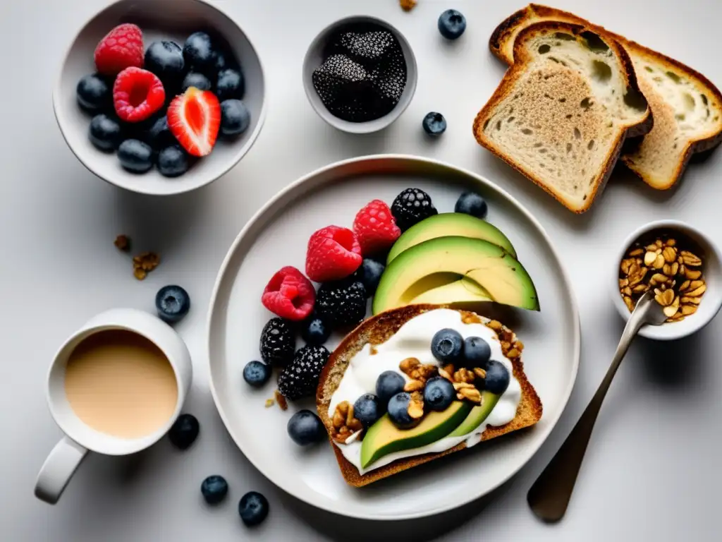 Desayuno equilibrado: yogurt, tostadas, huevo, jugo Desayuno equilibrado para rendimiento estudiantil