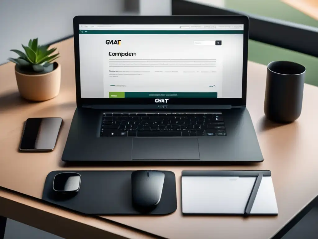 Escritorio moderno y minimalista con preparación para el GMAT Desk setup minimalista con laptop GMAT, apuntes y luz natural