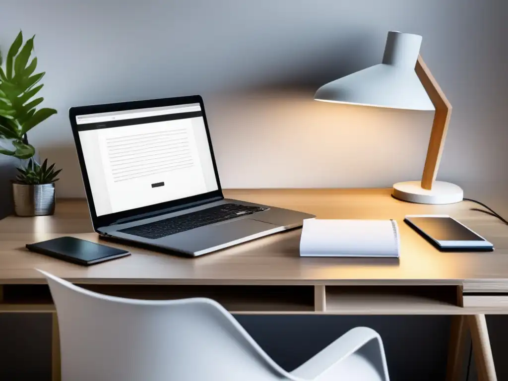 Escritorio moderno y minimalista con elementos de productividad Dieta estudiantil para rendimiento académico: Escritorio moderno, minimalista y ordenado, con laptop, cuaderno, pluma y café