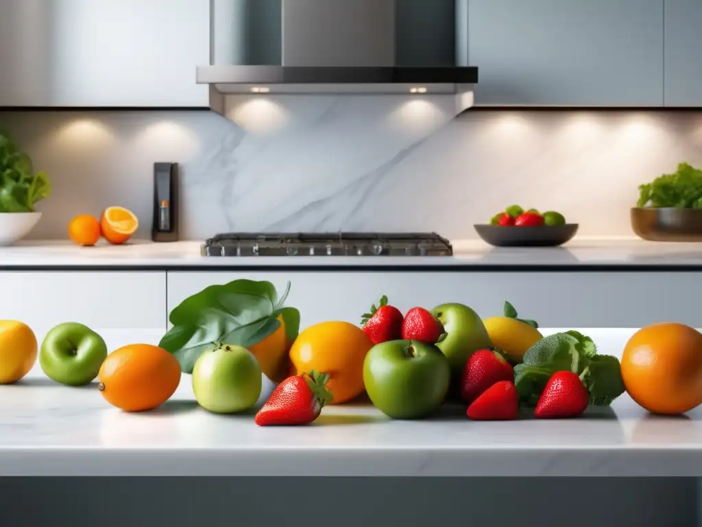 Cocina moderna con frutas frescas y alimentos saludables Dieta estudiantil para rendimiento académico: Cocina minimalista con mármol blanco, frutas frescas, verduras vibrantes y frutos secos