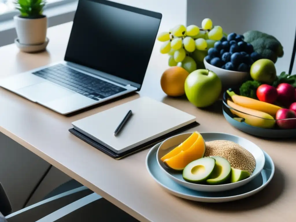 Escritorio minimalista con comida saludable Dieta estudiantil: rendimiento académico y nutrición equilibrada