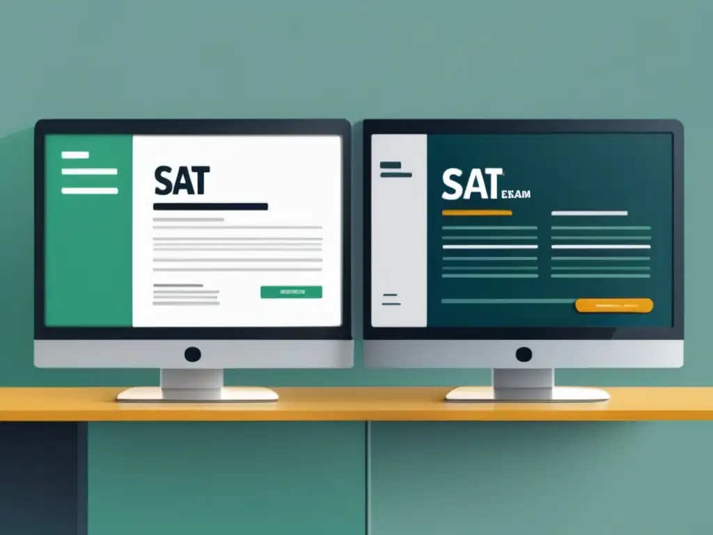 Comparación digital: SAT vs ACT Diferencias SAT vs ACT: Guía completa exámenes estandarizados - Imagen moderna y minimalista de estudiantes mirando pantallas de exámenes digitales