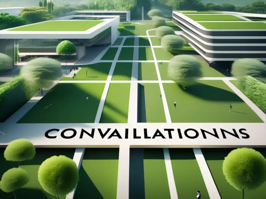 Campus universitario con caminos divergentes Diferencias entre convalidaciones y equivalencias universitarias en un campus moderno y minimalista con senderos divergentes