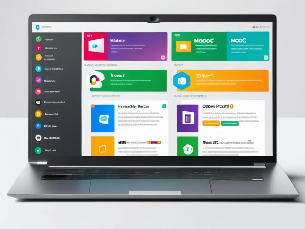 Laptop moderno con plataforma MOOC interactiva Diseño minimalista de laptop con plataforma MOOC y consejos para admisión en MOOCs