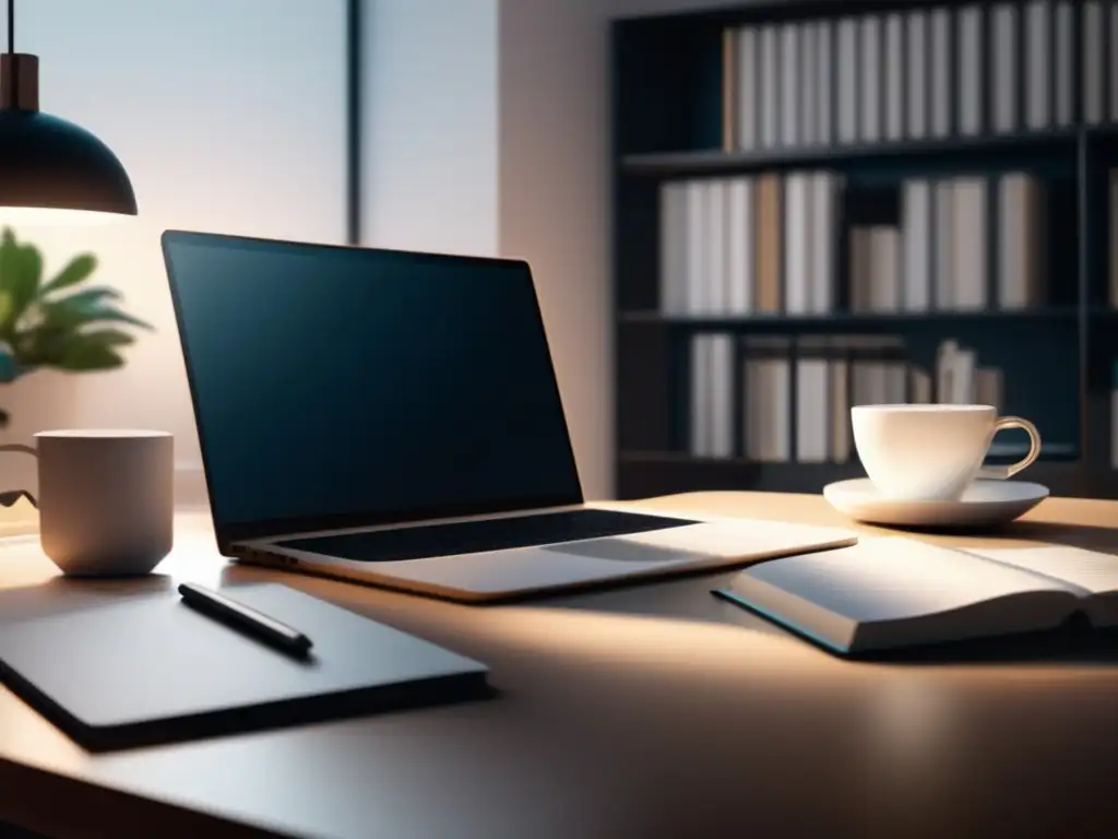Espacio de estudio moderno y organizado Diseño minimalista y moderno de un escritorio con materiales de estudio organizados, una laptop en blanco y una vista panorámica relajante