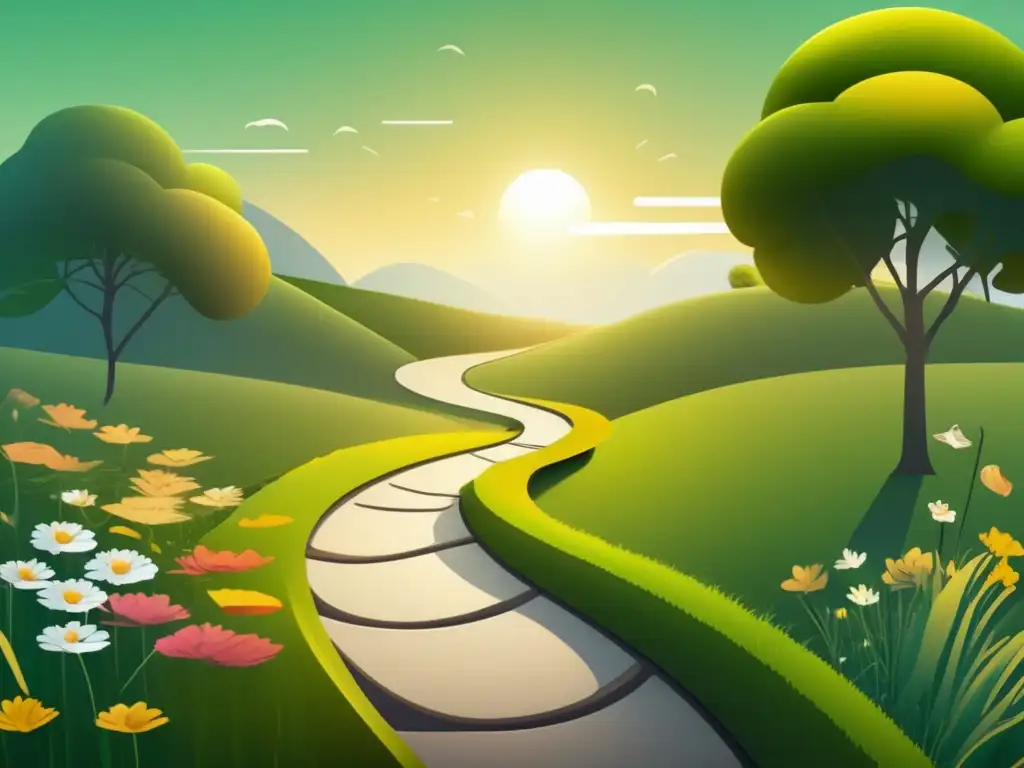 Camino de progreso y éxito Diseño minimalista con sendero, flores y sol dorado que simboliza el progreso personal y éxito