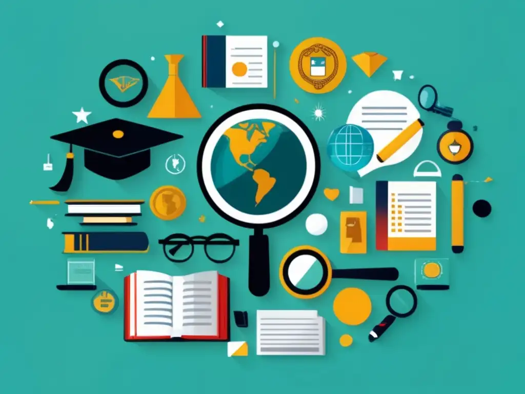 Investigación y estudio académico Diseño moderno con lupa investigadora, íconos académicos, puente y estética profesional