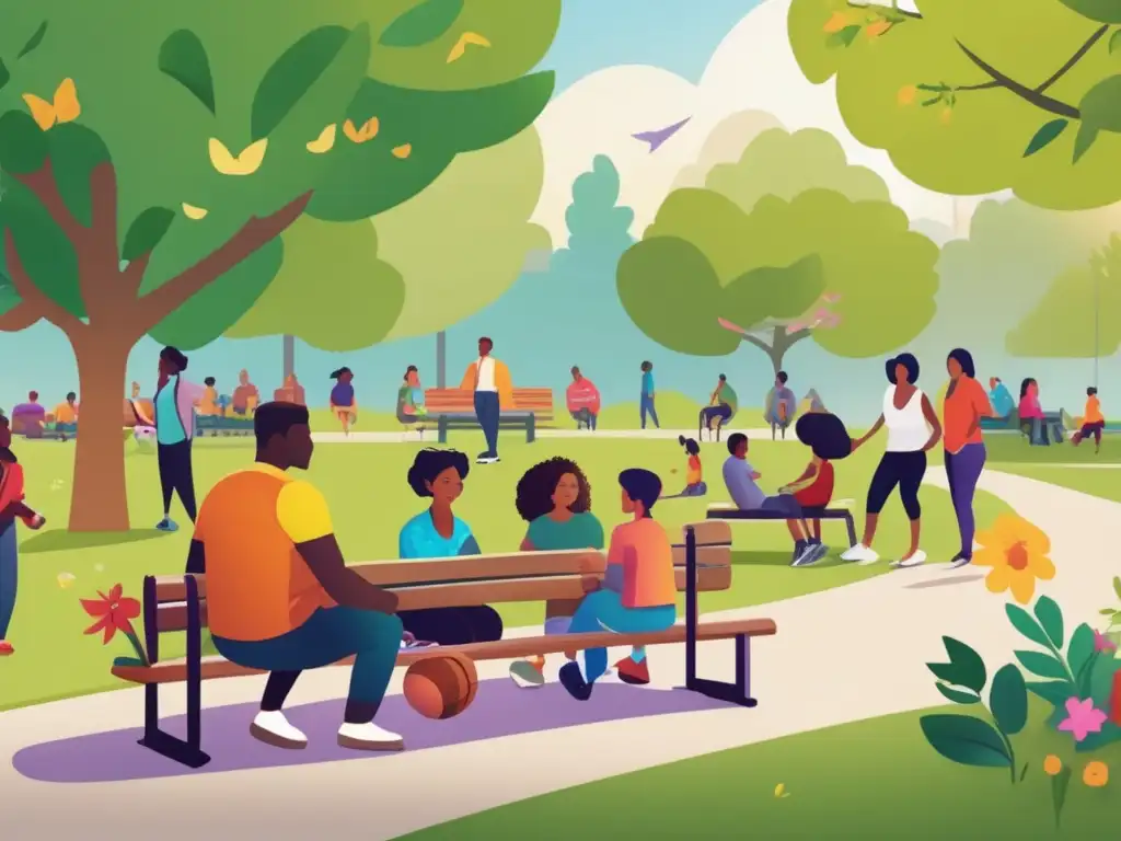 Comunidad vibrante en parque Diversa comunidad en parque vibrante, promoviendo impacto positivo del trabajo social