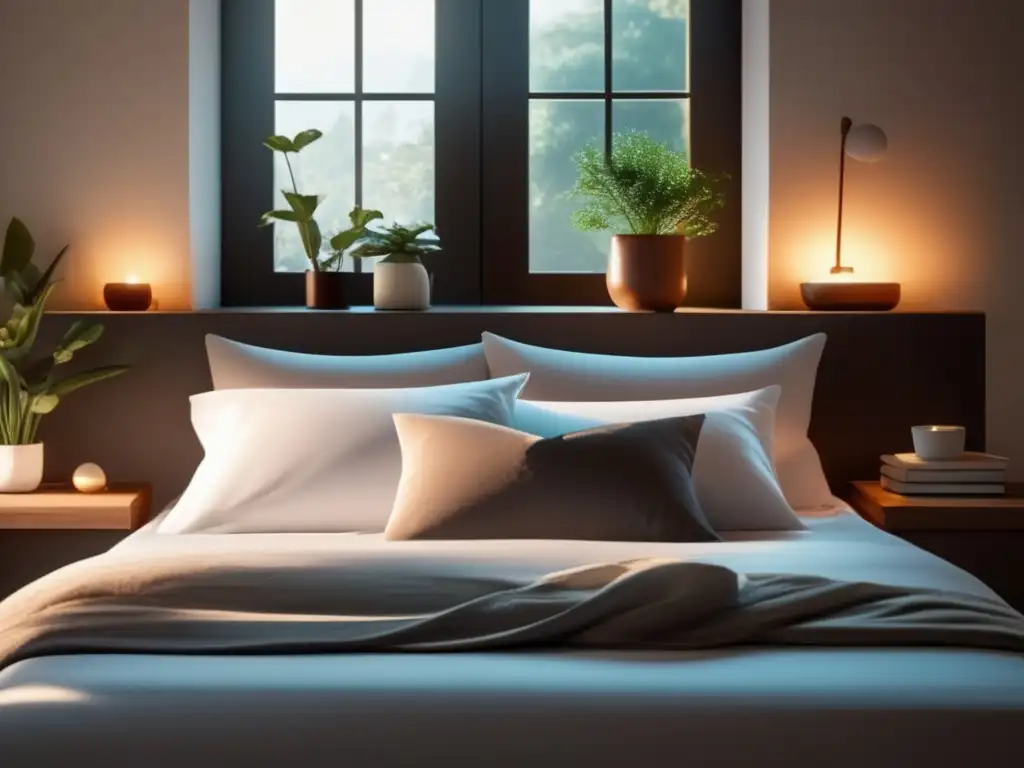 Serena habitación minimalista para descanso Dormitorio minimalista con cama cómoda, luz natural y elementos de diseño tranquilizadores