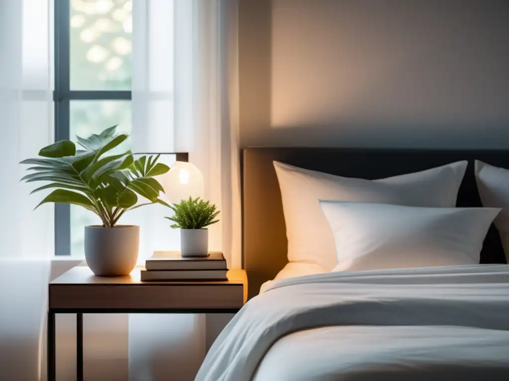 Dormitorio tranquilo y limpio Dormitorio minimalista y tranquilo con libros y planta - Nutrición para rendimiento mental universitario