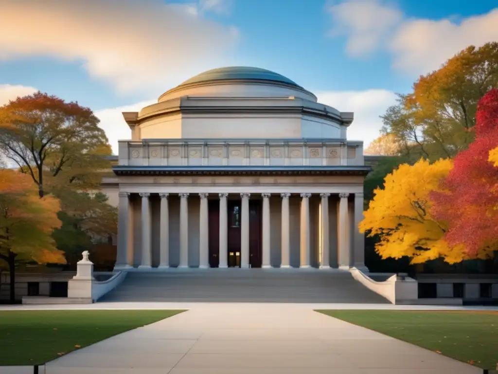 Elegante biblioteca de Columbia con otoño vibrante Edificio emblemático Low Memorial rodeado de follaje otoñal vibrante