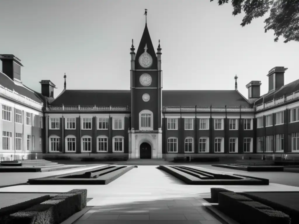 Campus universitario elegante y sereno Edificio universitario en blanco y negro, rodeado de naturaleza y estudiantes