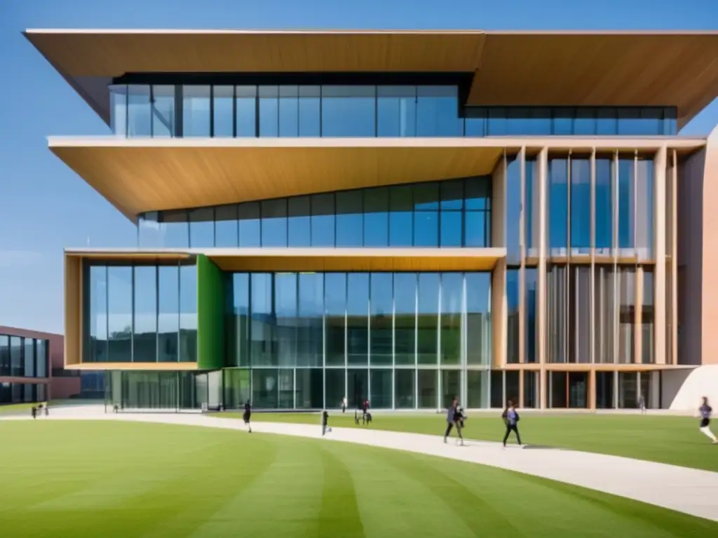 Universidad moderna con estudiantes atletas Edificio universitario moderno, minimalista, rodeado de césped verde, estudiantes atletas ingresando - Normativas NCAA admisiones universitarias